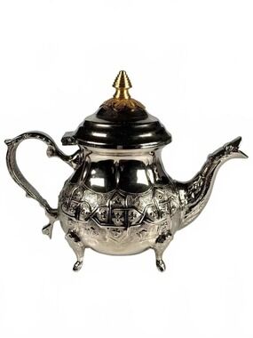 Vintage Dar el Afrah Moroccan Silver Plate Engraved Oriental Teapot Brass Finial